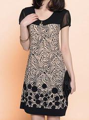 Stylish Short Sleeve Scoop Neck Spliced Printed Loose Fitting Dress Fo