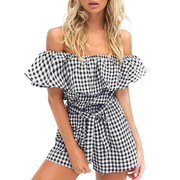 Ruffles Plaid Playsuit Off Shoulder Women Jumpsuit Rompers Beachwear