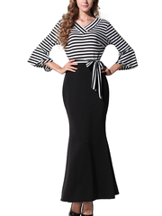 Women's V Neck Flare Sleeve Striped Spliced Trumpet Dress