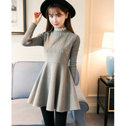 Women's Knitting Patchwork Lace Stand Collar Pearl Ball Gown Dresses