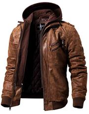 MEN’S REAL LEATHER JACKET MEN MOTORCYCLE REMOVABLE HOOD WINTER COAT ME