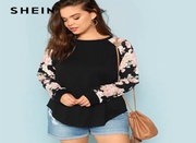 SHEIN FLORAL PRINT RAGLAN SLEEVE CASUAL PLUS SIZE BLACK WOMENS TOP TEE