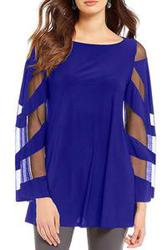 Blue Long Sleeve Boat Neck Chiffon Blouse - 